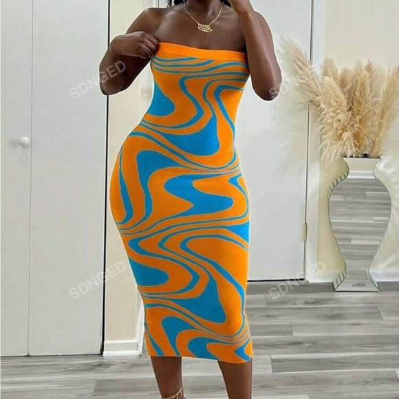 Allover Pattern Tube Sweater Dress (orange and blue) - Picture 4 of 4